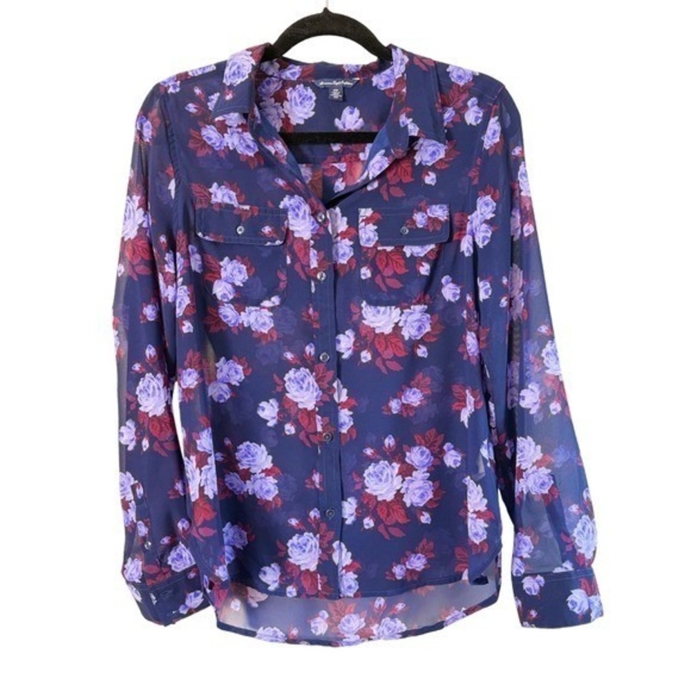 American Eagle Womens M Floral Semi Sheer Button Front Blouse Navy Purple Roses